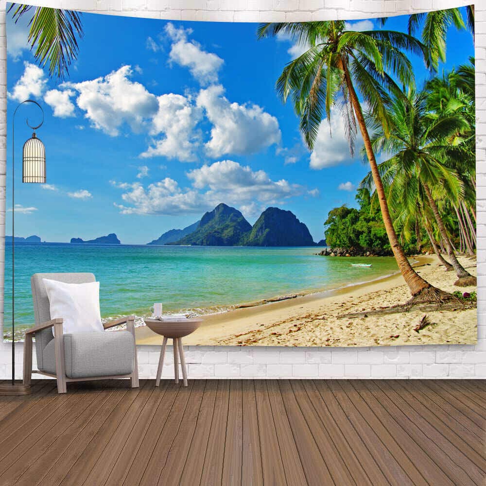 CM ขนาดใหญ่ Beach Coconut TreeOcean Tapestry แขวน Blue Sky ธรรมชาติห้องนอน Tapestry ดอกไม้แขวนผนังสําหรับห้องพื้นหลังผ้าผนังผ้าห้องข้างเตียง W รูปที่ 1