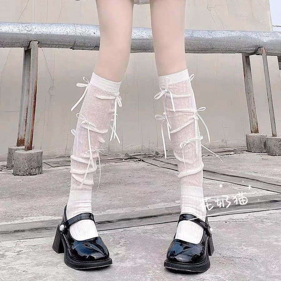 ถุงเท้าผู้หญิง jk จากญี่ปุ่น ถุงเท้ายาวถึงเข่าสีทึบ ตกแต่งโบว์ สไตล์บัลเล่ต์ รูปที่ 2