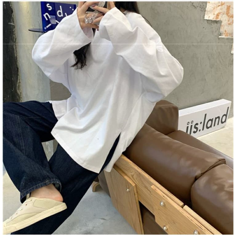 NINGFASHION เสื้อยืดเเขนยาวผู้หญิง เสื้้อ สีพื้น แฟชั่น ทรงใหญ่ โอเวอร์ไซส์ รุ่น W7724 รูปที่ 8