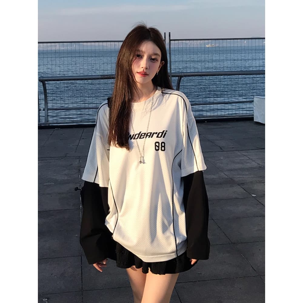 Solovely M-2XL ผู้หญิง สไตล์เกาหลี คอกลม เสื้อตัวบน สีบล็อก ลายพิมพ์ แขนยาว เสื้อยืด รูปที่ 2