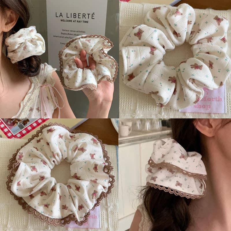 ยางมัดผมสีกากีลายหมี 1 ชิ้น Scrunchies สําหรับหางม้า อุปกรณ์เสริมผมหวาน