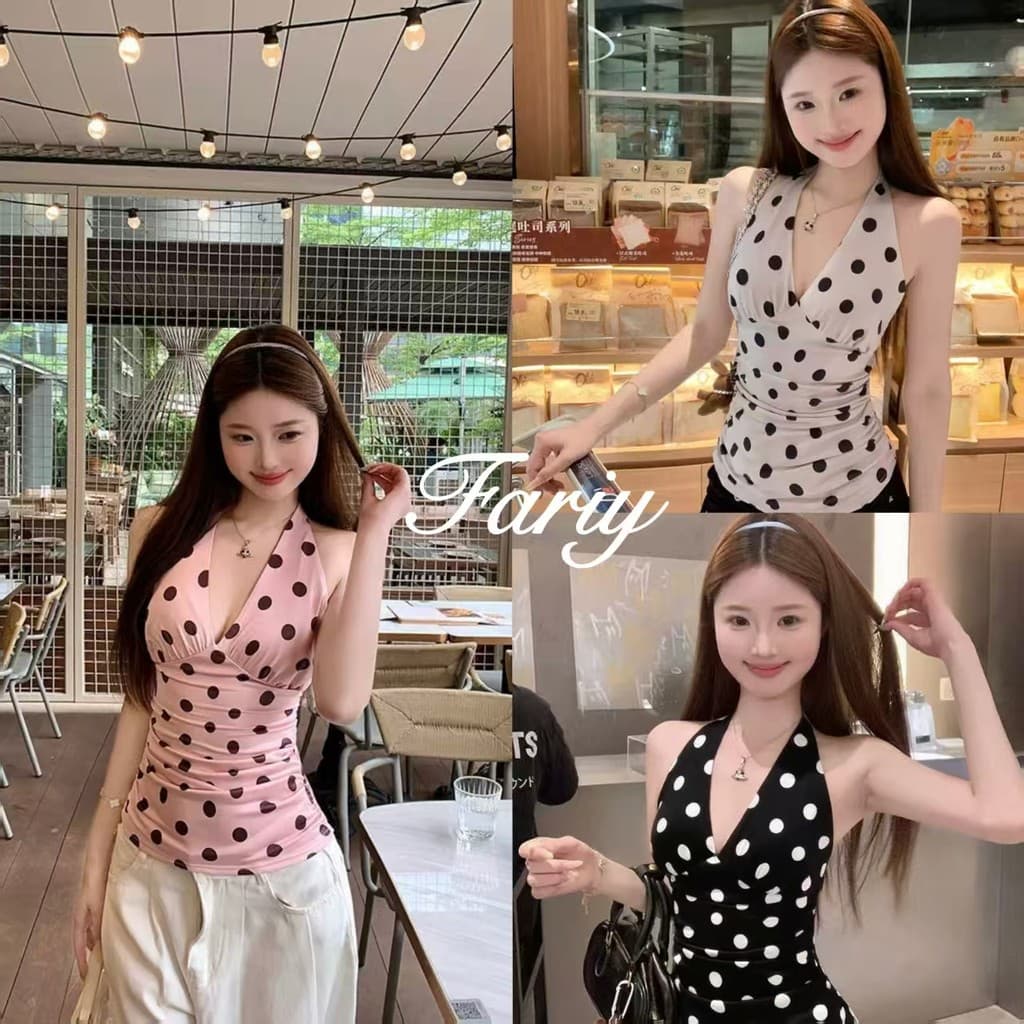 Fariyคลังสินค้าพร้อม เสื้อกั๊กคอวีพิมพ์ลายจุดสีชมพูสไตล์สาวไฮสตรีทจากกรุงเทพฯ สำหรับผู้หญิง ทรงเข้ารูป เข้ารูป รูปที่ 1