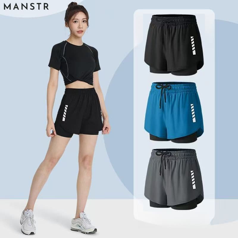 MANSTR M-5xl Unisex 2-in-1 Dir-Fit กางเกงขาสั้นวิ่งกางเกงขาสั้นขี่จักรยานกางเกงกีฬาตาข่ายกางเกงขาสั้นสองชั้นกางเกงสีดํา/สีเทา/สีฟ้า