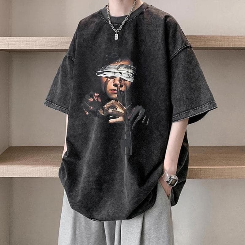 Fanfei ผ้าคอตตอน100% เสื้อยืดผ้าฟอก oversize เสื้อคู่ลำลองทรงพิมพ์ล รูปที่ 3