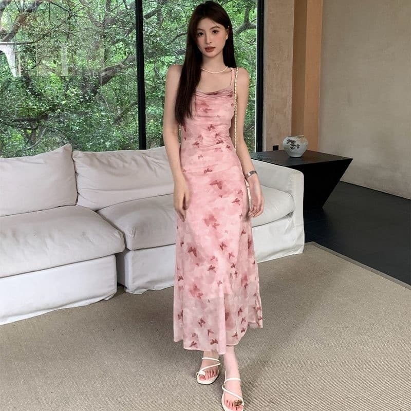 เดรสยาวออกงานสีชมพู ผ้าชีฟอง มีซับในเต็มตัว สายเสื้อผูกสายปรับหรือคล้องคอได้ ด้านหลังสม็อค #8081 รูปที่ 5