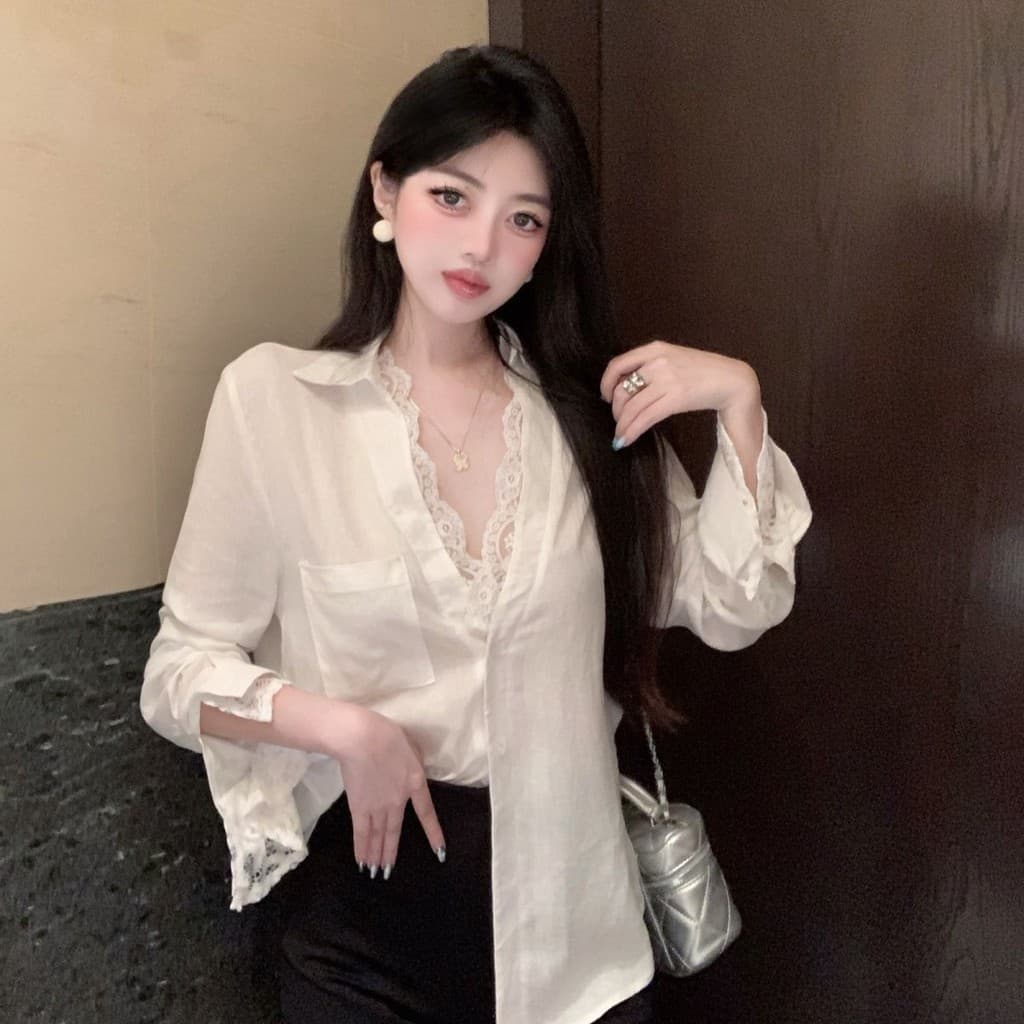 เสื้อเชิ้ตผ้าฝ้ายและผ้าลินินสีขาวคอวีปลอมสองชิ้นสำหรับผู้หญิงฤดูร้อนเสื้อกันแดดลูกไม้ยาวกลาง รูปที่ 5