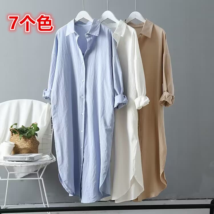 เสื้อเชิ้ตผู้หญิงฤดูใบไม้ผลิและฤดูใบไม้ร่วงแฟชั่นใหม่สไตล์เกาหลีสีล้วนแมทช์ลุคง่ายเสื้อเชิ้ตทรงหลวมความยาวปานกลางแขนยาวเสื้อไซส์ใหญ่ รูปที่ 6