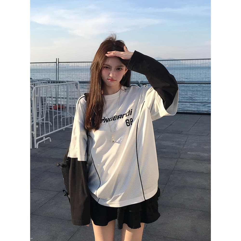 Solovely M-2XL ผู้หญิง สไตล์เกาหลี คอกลม เสื้อตัวบน สีบล็อก ลายพิมพ์ แขนยาว เสื้อยืด รูปที่ 7
