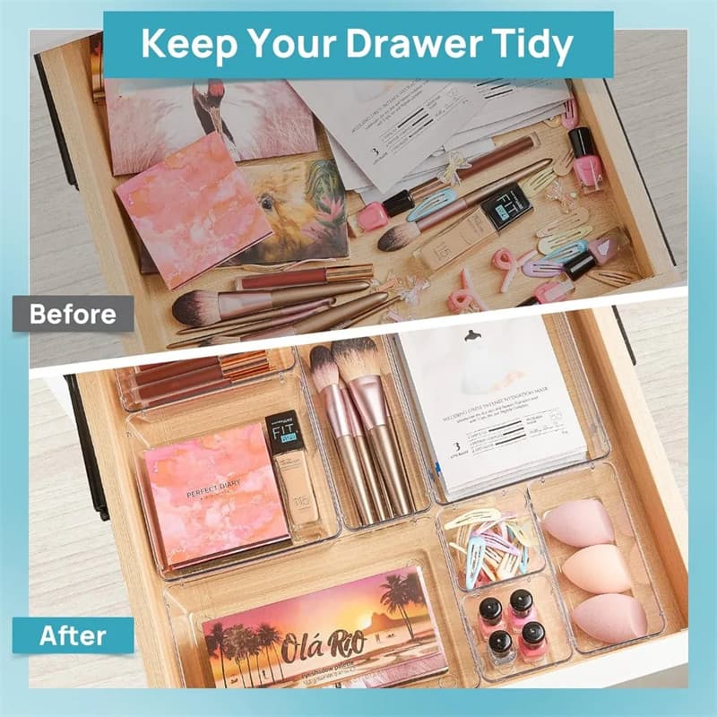 พลาสติกใสลิ้นชัก Organizers - 4 ขนาดอเนกประสงค์ห้องน้ําและ Vanity ลิ้นชัก Organizer ถาด - แต่งหน้าเครื่องประดับถังเก็บ รูปที่ 5