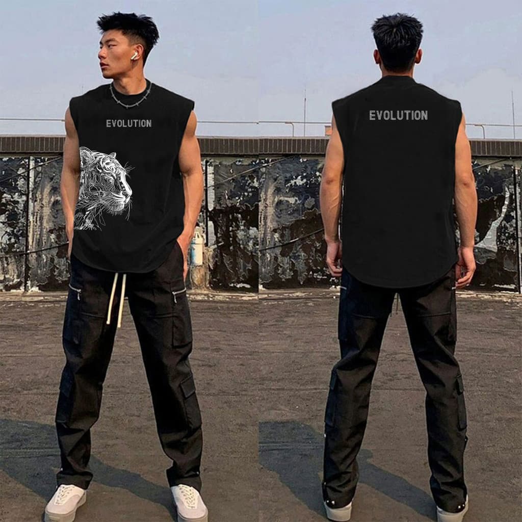 Y-Tเสื้อยืดชาย เสื้อกล้าม แขนกุด สวมใส่สบาย ผ้าฝ้าย100% คุณภาพสูง ลาย "EVOLUTION" ไม่ต้องรีดผ้า สไตล์ลำลอง รูปที่ 2