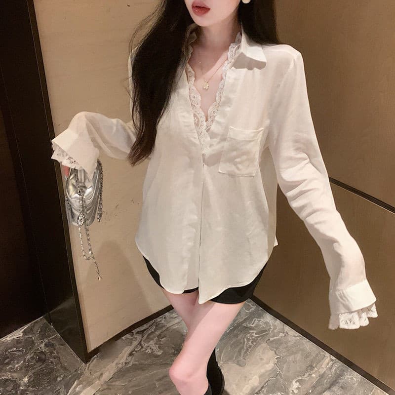 เสื้อเชิ้ตผ้าฝ้ายและผ้าลินินสีขาวคอวีปลอมสองชิ้นสำหรับผู้หญิงฤดูร้อนเสื้อกันแดดลูกไม้ยาวกลาง รูปที่ 2