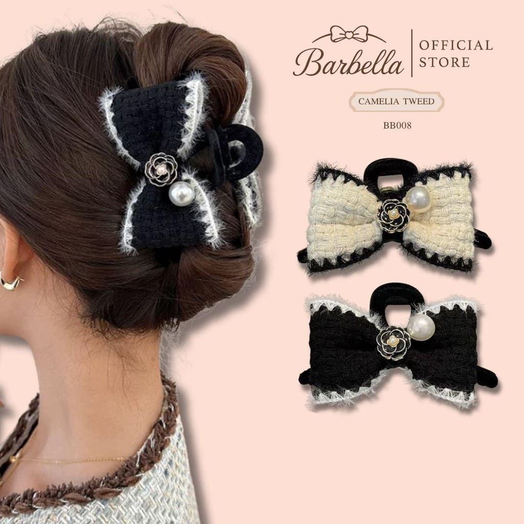 Barbella กิ๊บติดผมโบว์ผ้าทวีต กิ๊บหนีบผมแต่งมุกและดอกไม้หรู รุ่น Camelia Tweed รูปที่ 1