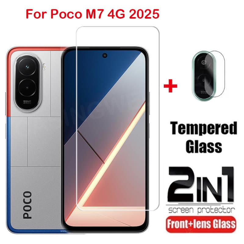 สําหรับ POCO M7 4G POCOM7 Poco M7 Plus M7 Pro 5G 4G 2025 2 in 1 คลุมทั้งหมดกระจกนิรภัยด้านหน้าฟิล์มป้องกันหน้าจอกลับกล้องเลนส์ป้องกันฟิล์ม รูปที่ 1
