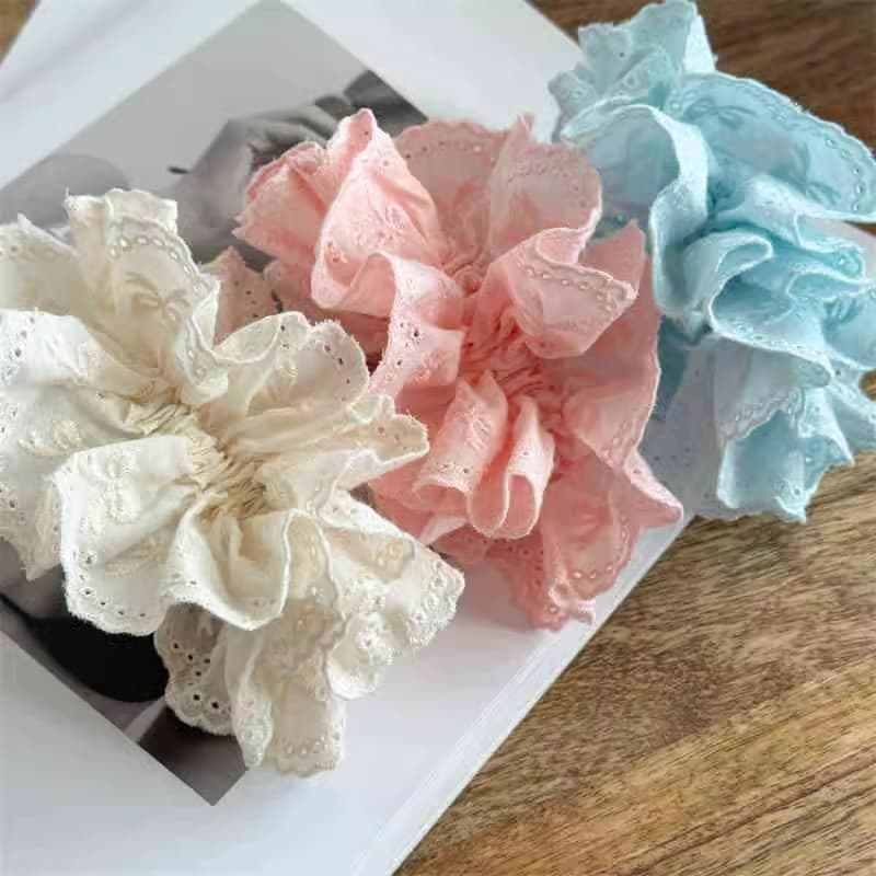 ผู้หญิงสีขาวสีฟ้าสีชมพูผ้าฝ้ายลูกไม้ Fairy Priness เชือกผมหางม้า Scrunchies ผมผูก รูปที่ 5