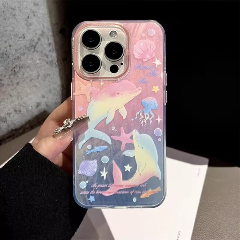 ปลาโลมาในฝันแมงกะพรุนเปลือกหอยดาวน่ารัก เคสไอโฟน 16 11 13pro สำหรับ IPhone 15 14 12 ProMax7 8 Plus X XR XSMaxสีขนมกวาด รูปที่ 2
