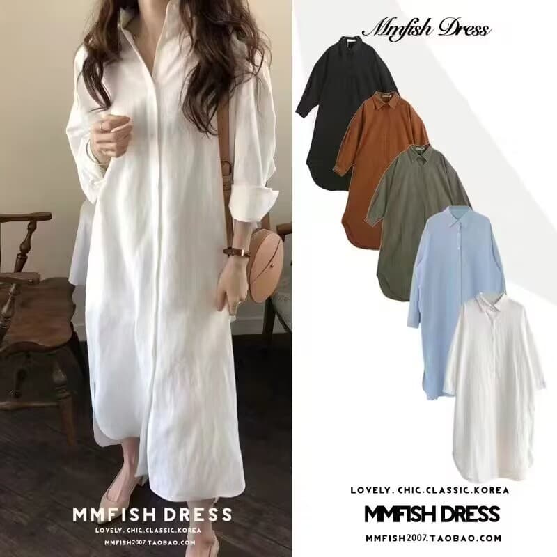เสื้อเชิ้ตผู้หญิงฤดูใบไม้ผลิและฤดูใบไม้ร่วงแฟชั่นใหม่สไตล์เกาหลีสีล้วนแมทช์ลุคง่ายเสื้อเชิ้ตทรงหลวมความยาวปานกลางแขนยาวเสื้อไซส์ใหญ่ รูปที่ 2