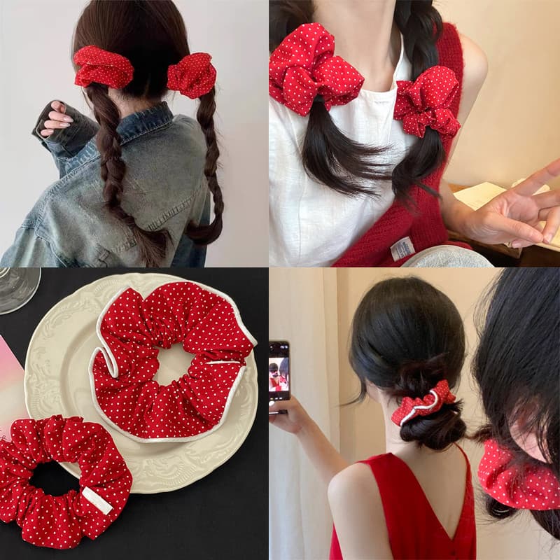 สวยงามจุดสีแดงผูกผมผมหางม้าหัวเชือกจีนสีแดง Scrunchies เครื่องประดับผม รูปที่ 1