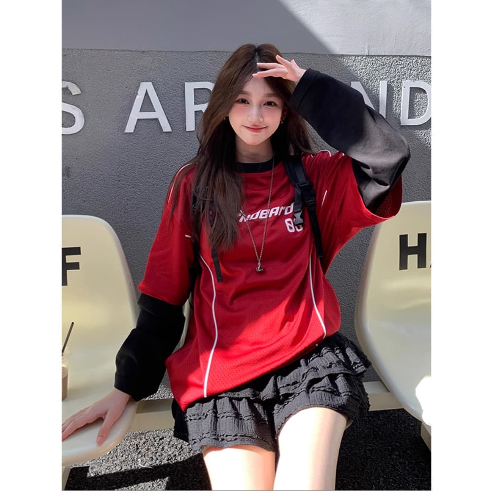 Solovely M-2XL ผู้หญิง สไตล์เกาหลี คอกลม เสื้อตัวบน สีบล็อก ลายพิมพ์ แขนยาว เสื้อยืด รูปที่ 6