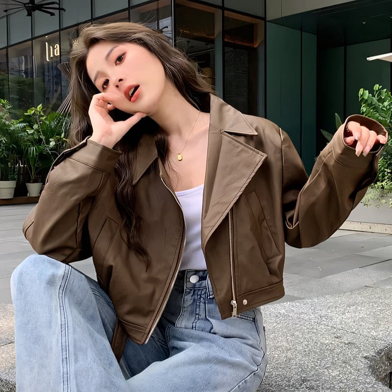 SuySuy แจ็คเก็ต คอปก แขนยาว ผ้าหนัง เนื้อผ้าดี รุ่นซิปรูด สไตล์เท่ๆ เก๋ๆ ใส่ได้หลายแนวสไตล์ รูปที่ 3