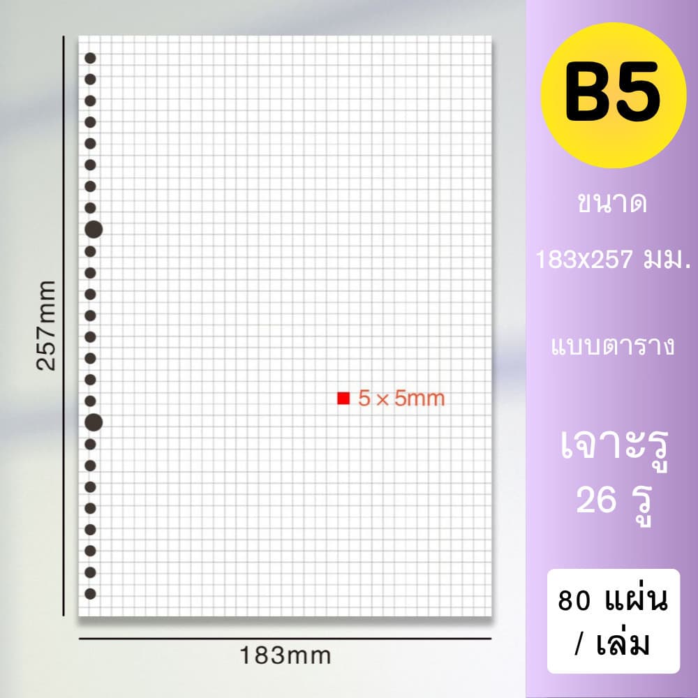 รีฟีลกระดาษโน้ต A4 A5 B5 แบบเจาะรูกลม | กระดาษเติมสมุดบันทึก | แบบเส้นบรรทัด / ตาราง / กระดาษเปล่า รูปที่ 8