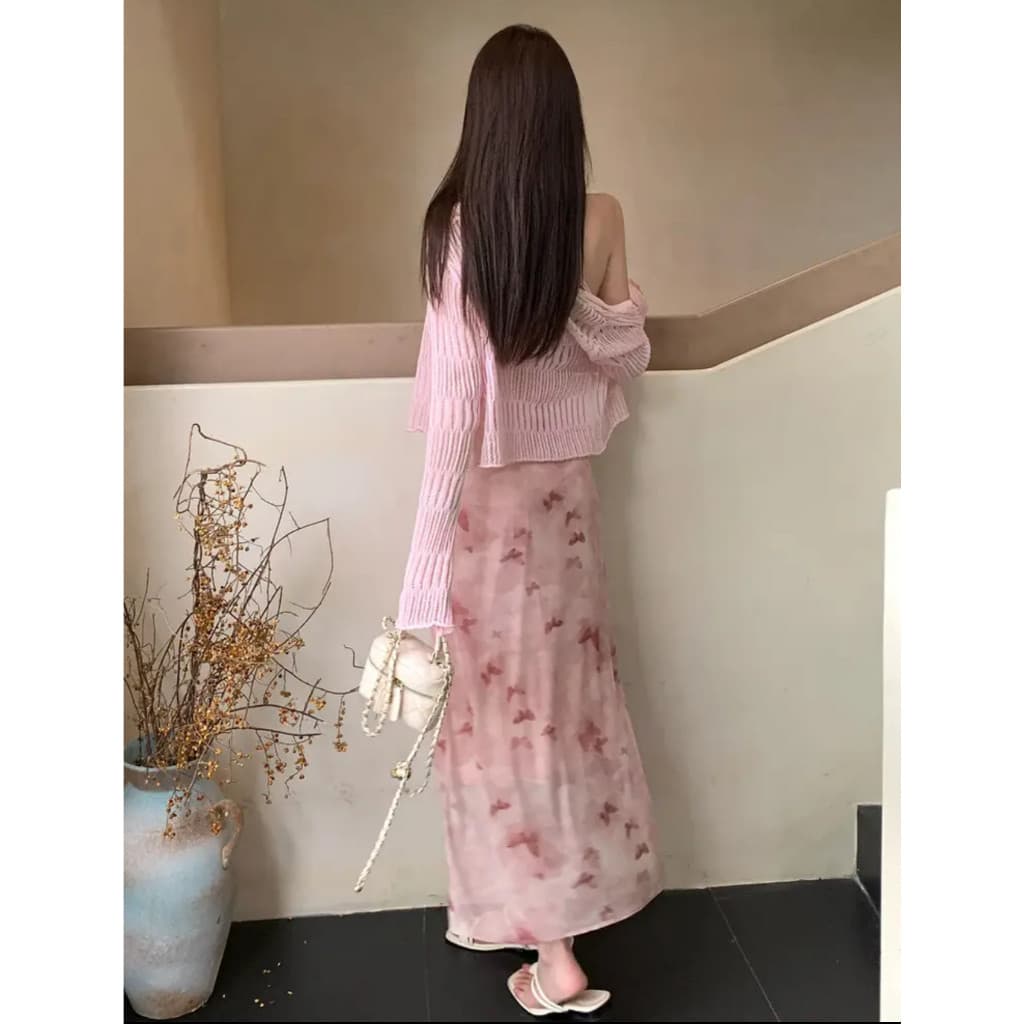 เดรสยาวออกงานสีชมพู ผ้าชีฟอง มีซับในเต็มตัว สายเสื้อผูกสายปรับหรือคล้องคอได้ ด้านหลังสม็อค #8081 รูปที่ 4