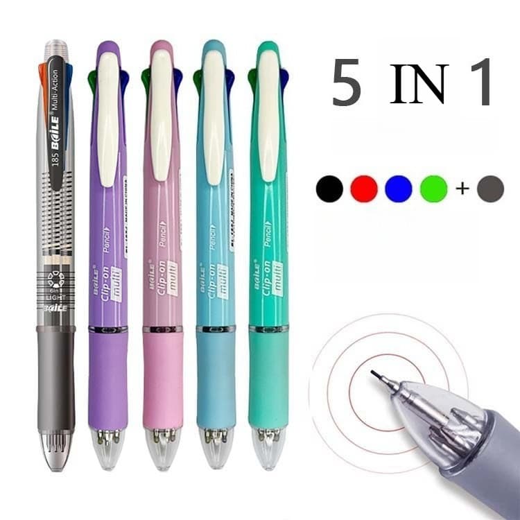 ปากกาลูกลื่นหลากสี 5in1 Push Type Mechanical Pencil ปากกามัลติฟังก์ชั่นแกนเปลี่ยนได้ ปากกาลูกลื่น 4 สี + ดินสอ รูปที่ 1