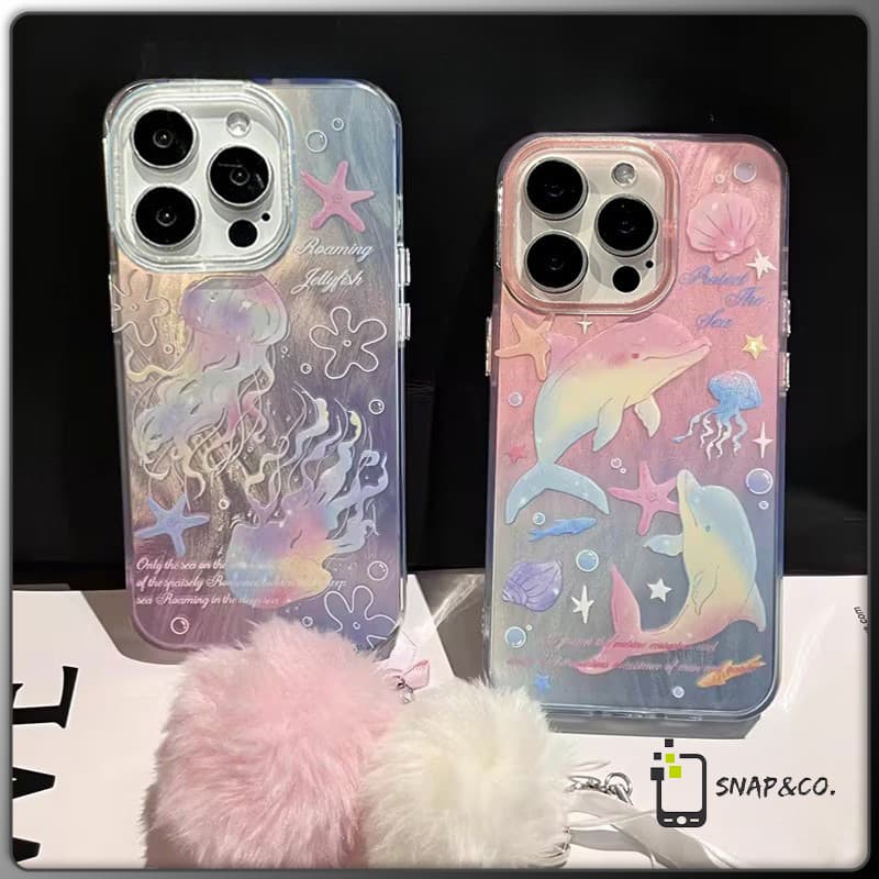 ปลาโลมาในฝันแมงกะพรุนเปลือกหอยดาวน่ารัก เคสไอโฟน 16 11 13pro สำหรับ IPhone 15 14 12 ProMax7 8 Plus X XR XSMaxสีขนมกวาด รูปที่ 1