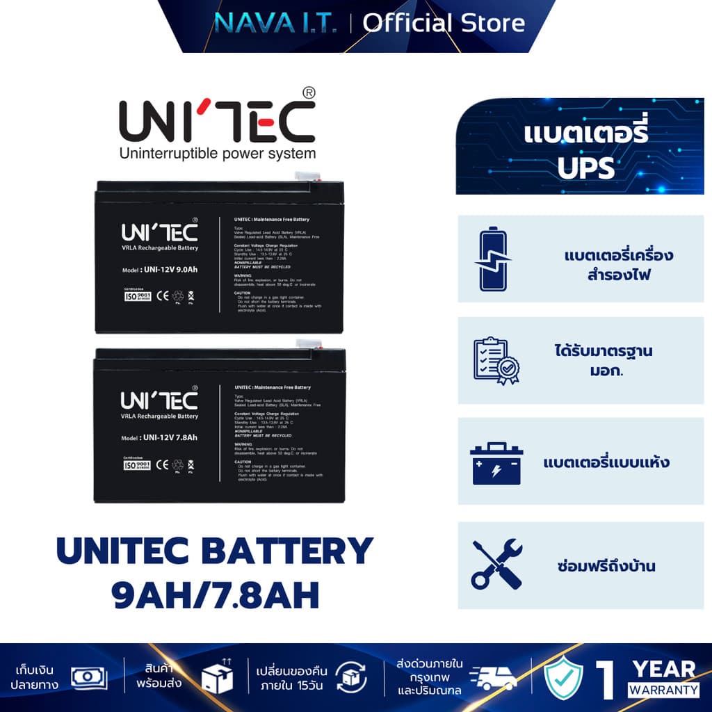UNITEC BATTERY 9AH/7.8AH แบตเตอรี่ สำหรับเครื่องสำรองไฟ และระบบไฟฉุกเฉิน สินค้ารับประกัน 1 ปี รูปที่ 1