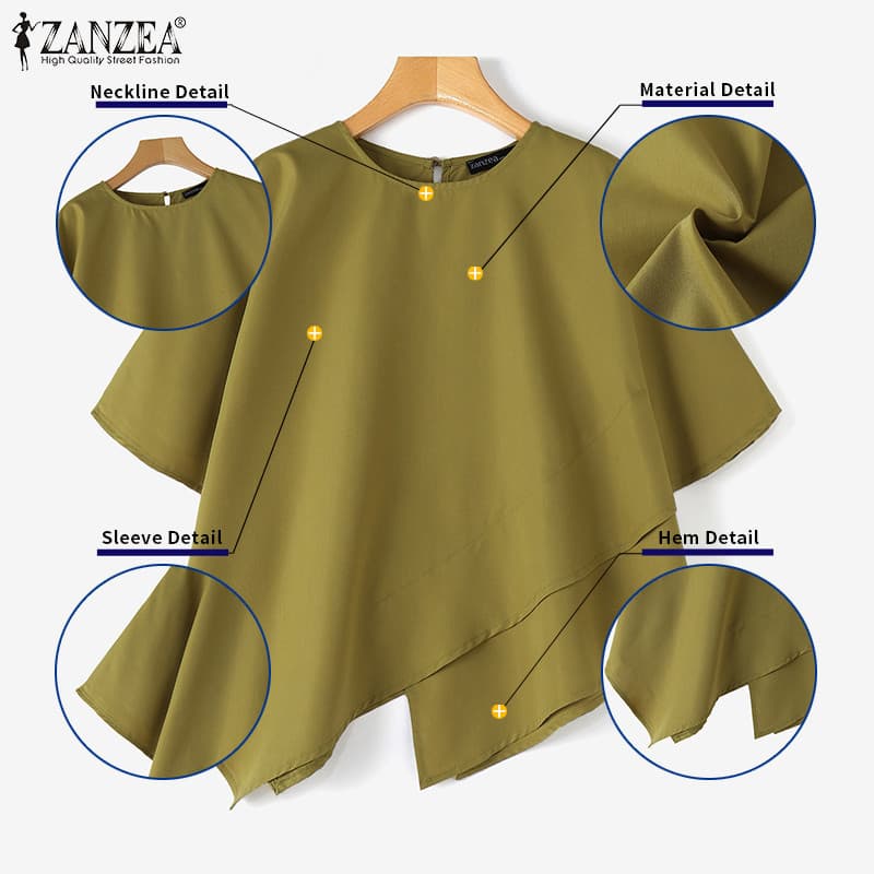Zanzea ผู้หญิงเกาหลีลําลองรอบคอ 3/4 แขนไม่สม่ําเสมอ Splicing หลวมเสื้อยืด รูปที่ 7