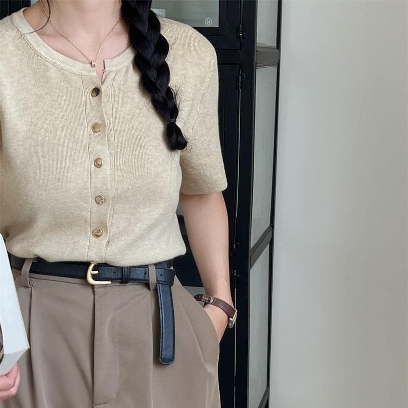Chili Kokoเสื้อคาร์ดิแกนถัก แขนสั้น สีพื้น สีพื้น นุ่ม กระดุมทอง เหมาะกับฤดูร้อน Womenเสื้อยืด 88008 รูปที่ 5