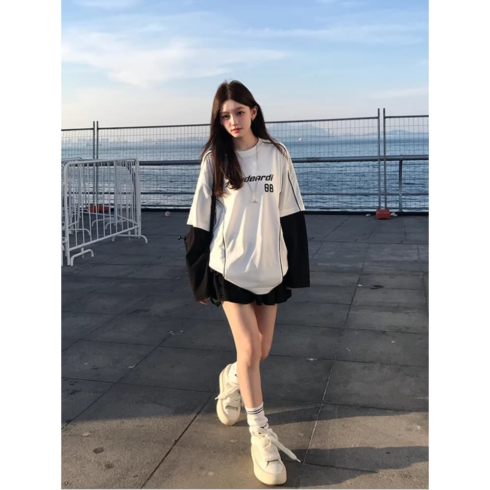 Solovely M-2XL ผู้หญิง สไตล์เกาหลี คอกลม เสื้อตัวบน สีบล็อก ลายพิมพ์ แขนยาว เสื้อยืด รูปที่ 8