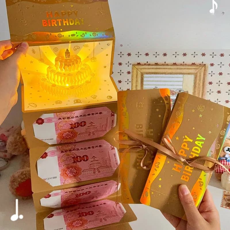 กล่องของขวัญวันเกิด แบบดึงเงินสด DIY/ อุปกรณ์ประกอบฉากกล่องของขวัญ ดนตรี+โคมไฟ ซองจดหมายสีแดง รูปที่ 2