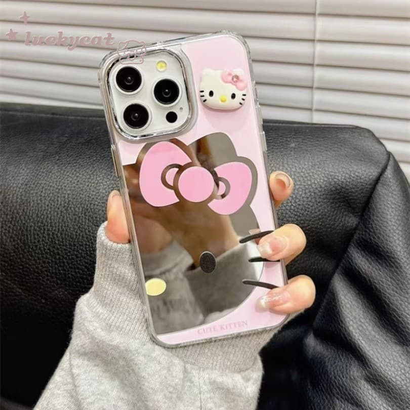 Iphone 16 15 14 13 12 11 Pro Max X Xr Xs Max 7 8 Plusเคสโทรศัพท์InsสาวหัวใจสีชมพูKTกระจกแมวฝาครอบโทรศัพท์นุ่ม รูปที่ 6