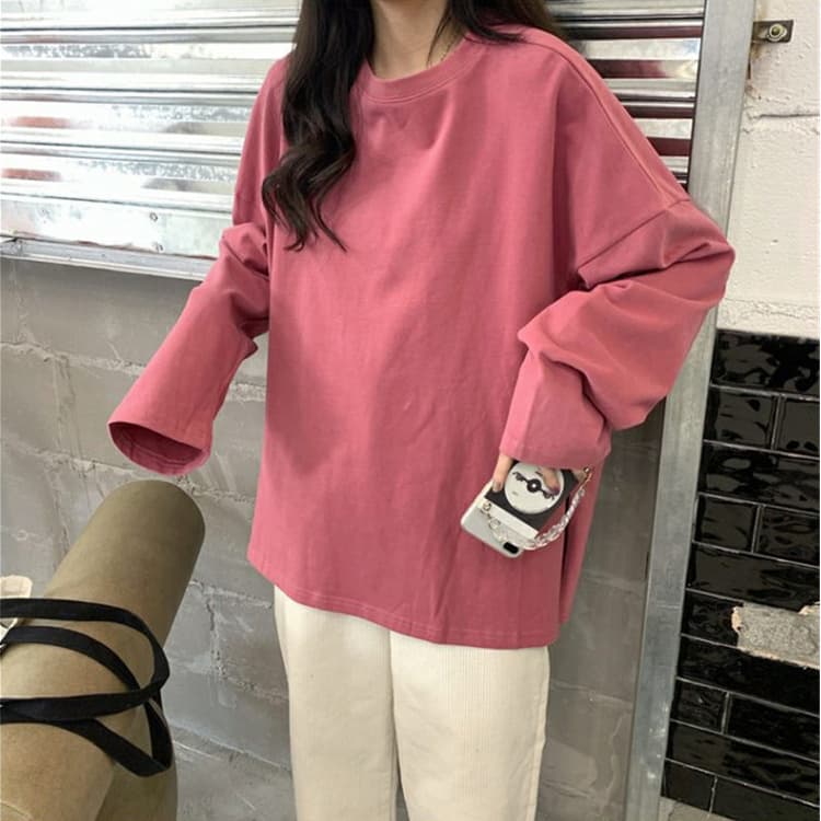 NINGFASHION เสื้อยืดเเขนยาวผู้หญิง เสื้้อ สีพื้น แฟชั่น ทรงใหญ่ โอเวอร์ไซส์ รุ่น W7724 รูปที่ 5