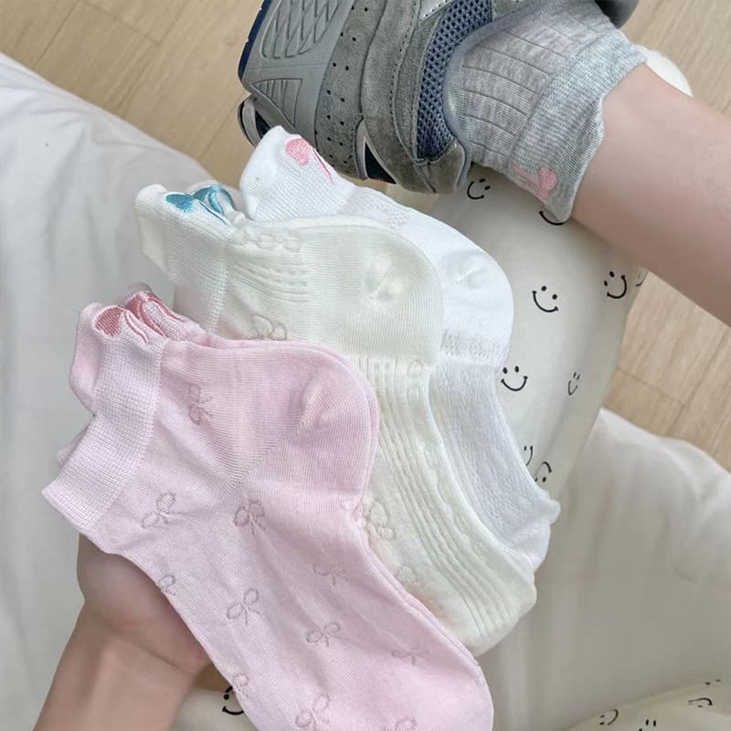 COD-ในไทยถุงเท้าข้อยาว ประดับโบว์ สีขาวสีชมพู น่ารักหวาน Insสไตล์เกาหลี แฟชั่นสําหรับผู้หญิง เข้ากับทุกการแต่งกาย กลวง- รูปที่ 6