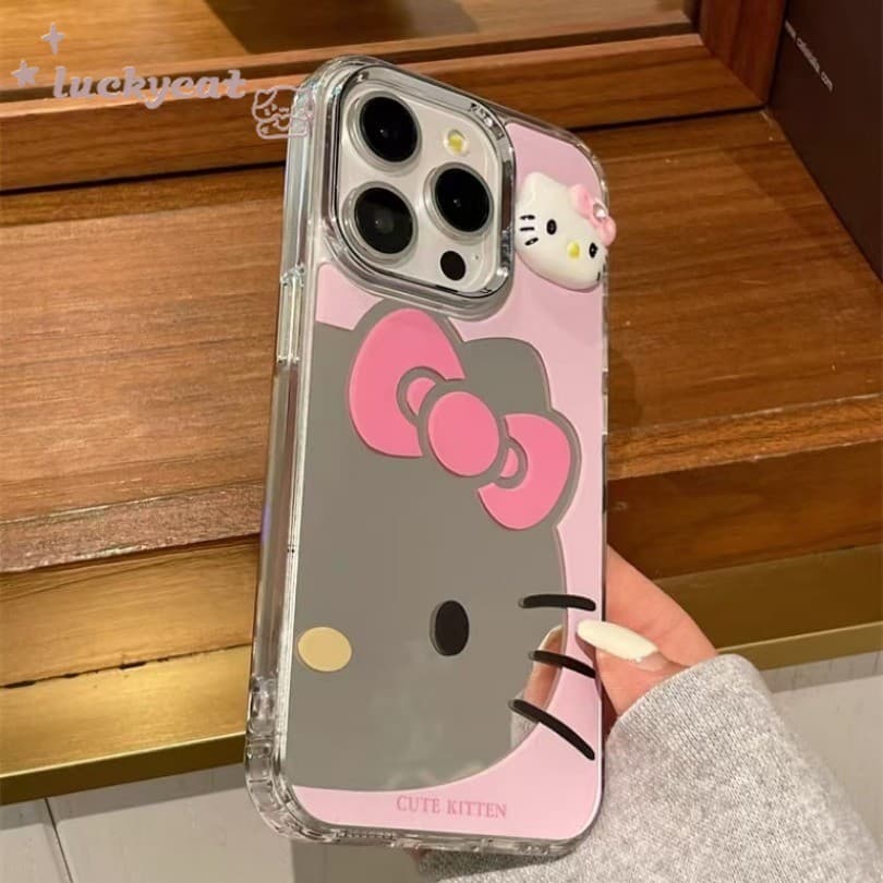 Iphone 16 15 14 13 12 11 Pro Max X Xr Xs Max 7 8 Plusเคสโทรศัพท์InsสาวหัวใจสีชมพูKTกระจกแมวฝาครอบโทรศัพท์นุ่ม รูปที่ 5