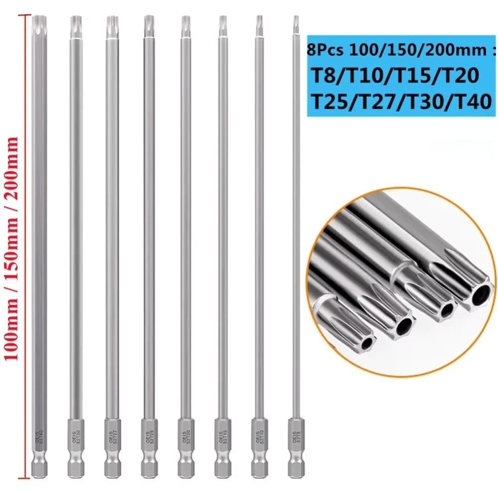 BENJMOORE 8PCS Torx ไขควงชุด Bit, T8-T40 1/4 นิ้ว Hex Head Allen ประแจเจาะ Bits ชุด, อุปกรณ์ฮาร์ดแวร์ 100 มม.150 มม.200 มม.ซ็อกเก็ตไขควงบิต DIY โครงการ รูปที่ 2