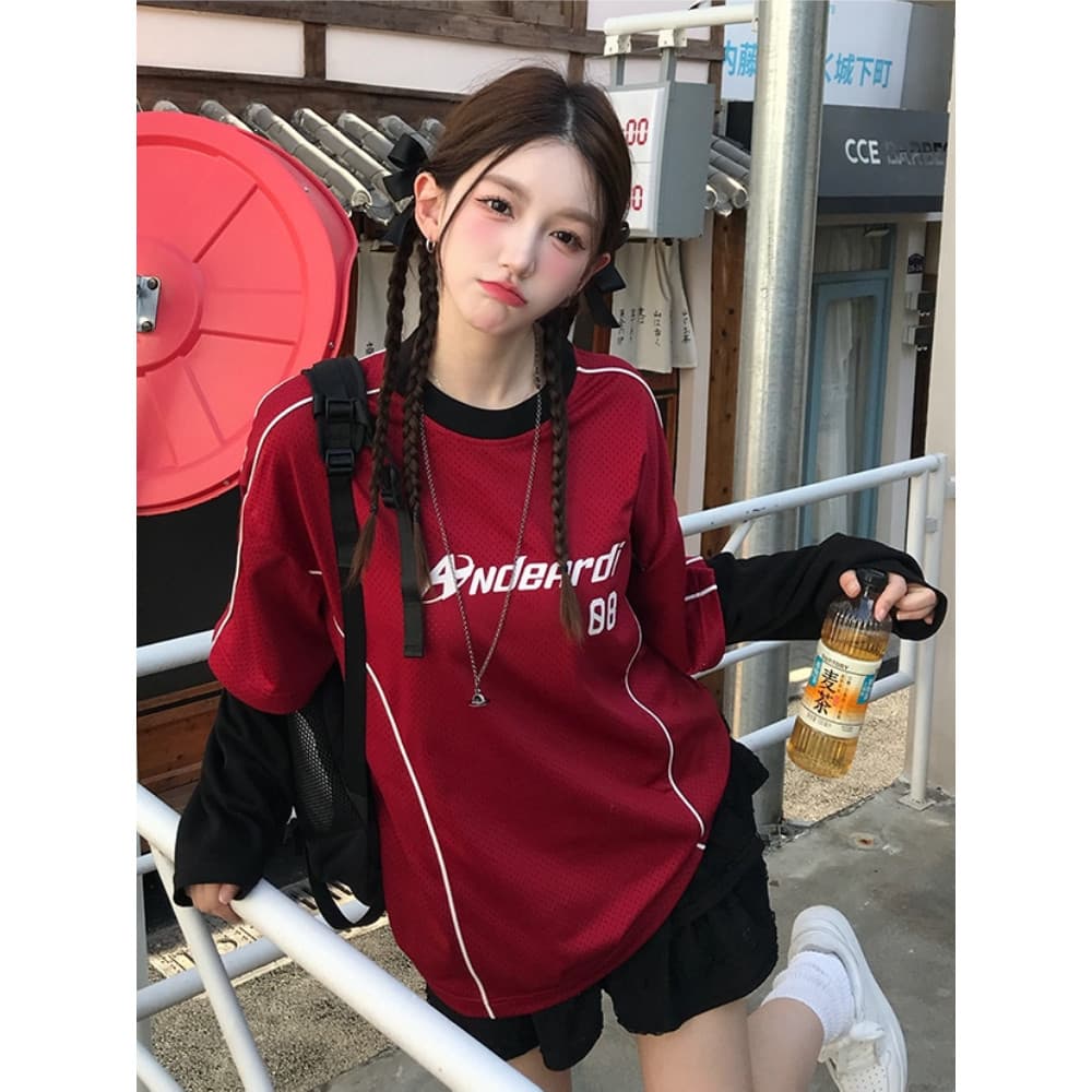 Solovely M-2XL ผู้หญิง สไตล์เกาหลี คอกลม เสื้อตัวบน สีบล็อก ลายพิมพ์ แขนยาว เสื้อยืด รูปที่ 3