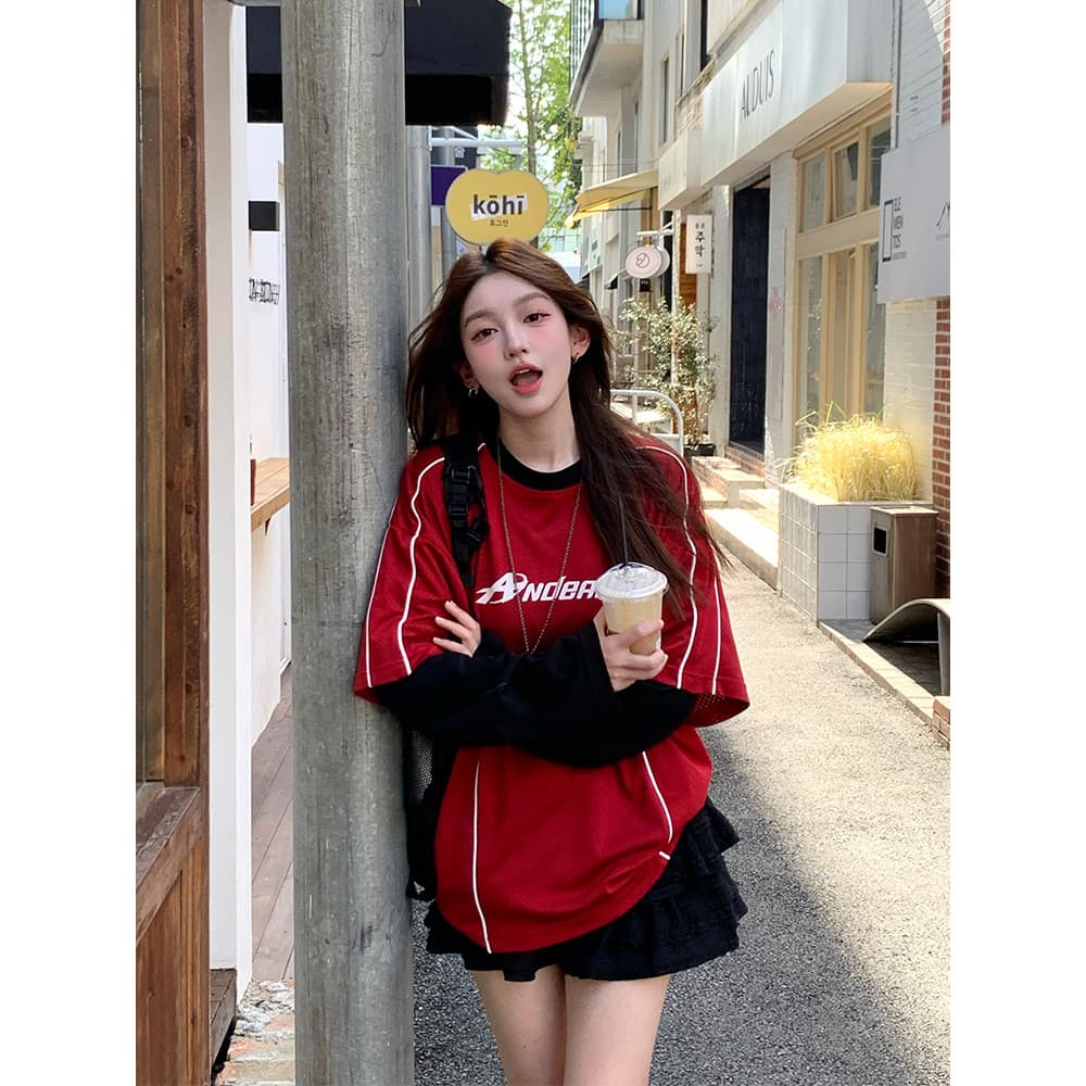 Solovely M-2XL ผู้หญิง สไตล์เกาหลี คอกลม เสื้อตัวบน สีบล็อก ลายพิมพ์ แขนยาว เสื้อยืด รูปที่ 5