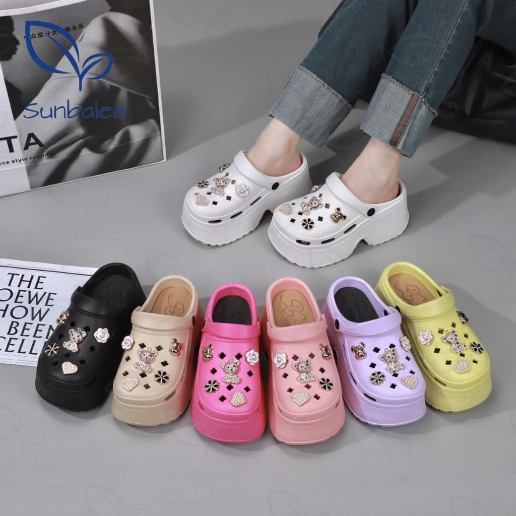 SHO-E8899 รองเท้าหัวโต แถมตัวติดสีทอง ส้นสูง 8 CM รองเท้าแบบสวม มีสายรัดส้น สวยแบบติดแกรม วัสดุ EVA สินค้า รูปที่ 6
