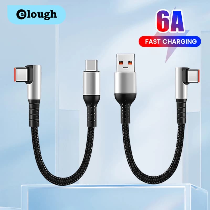 Elough 0.25M 0.5M ข้อศอก/ตรง USB ถึง Type C สาย 6A Fast Charging ประเภท C ถึง Type C PD Data สายไฟสั้นสําหรับ Power Bank โทรศัพท์มือถือ รูปที่ 1
