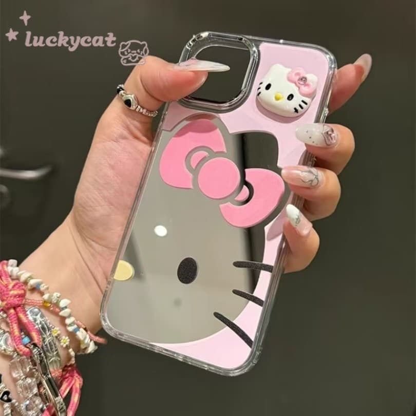 Iphone 16 15 14 13 12 11 Pro Max X Xr Xs Max 7 8 Plusเคสโทรศัพท์InsสาวหัวใจสีชมพูKTกระจกแมวฝาครอบโทรศัพท์นุ่ม รูปที่ 1
