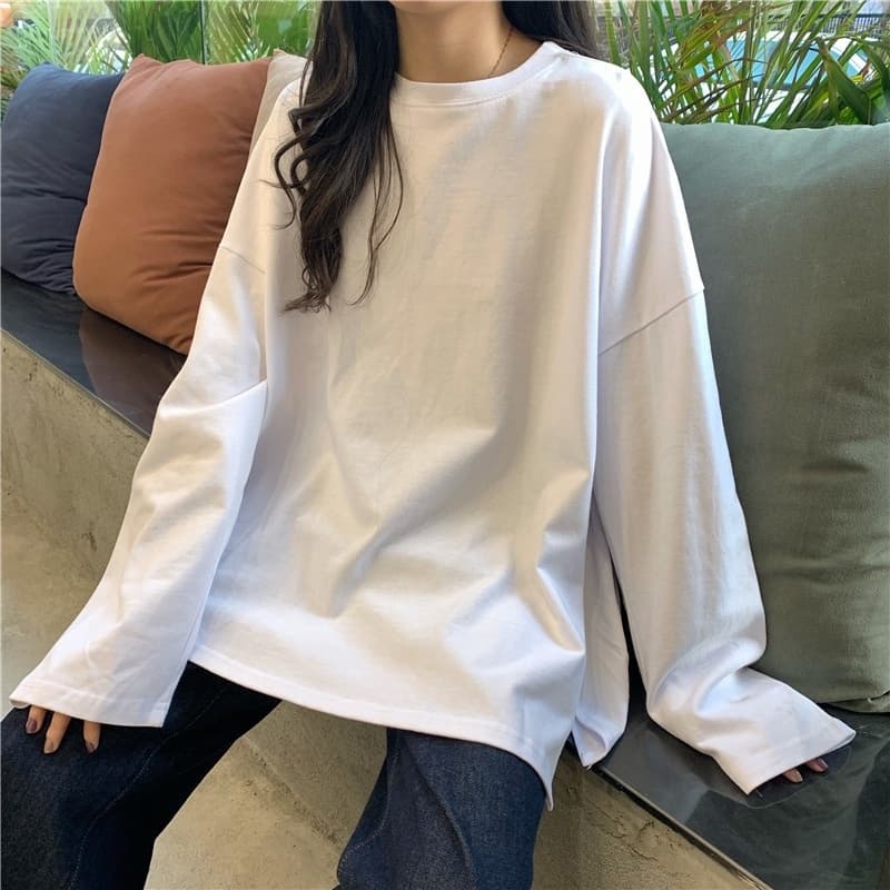 NINGFASHION เสื้อยืดเเขนยาวผู้หญิง เสื้้อ สีพื้น แฟชั่น ทรงใหญ่ โอเวอร์ไซส์ รุ่น W7724 รูปที่ 2