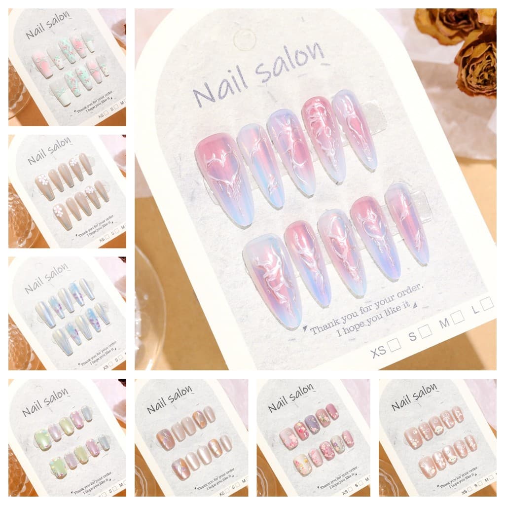 เล็บปลอมสั้น 10 ชิ้นพร้อมตาแมวสีทึบและเล็บปลอมที่เรียบง่ายพร้อมเจลเยลลี่ รูปที่ 1