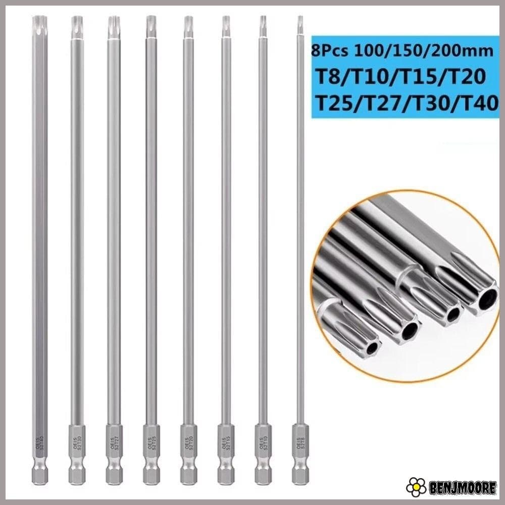 BENJMOORE 8PCS Torx ไขควงชุด Bit, T8-T40 1/4 นิ้ว Hex Head Allen ประแจเจาะ Bits ชุด, อุปกรณ์ฮาร์ดแวร์ 100 มม.150 มม.200 มม.ซ็อกเก็ตไขควงบิต DIY โครงการ รูปที่ 1