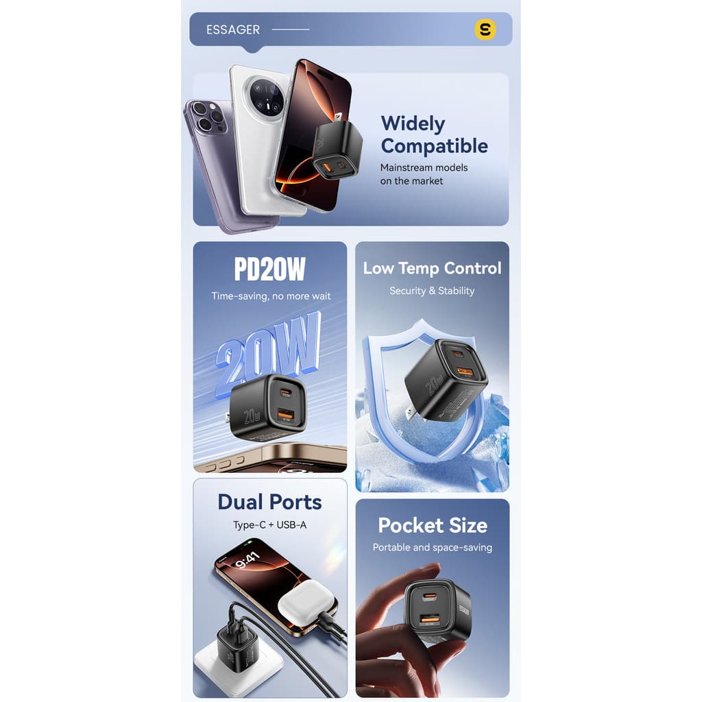 Essager PD 20W USB C + Type C Charger Fast Charging Quick Chargers Wall Plug Adapter รูปที่ 9