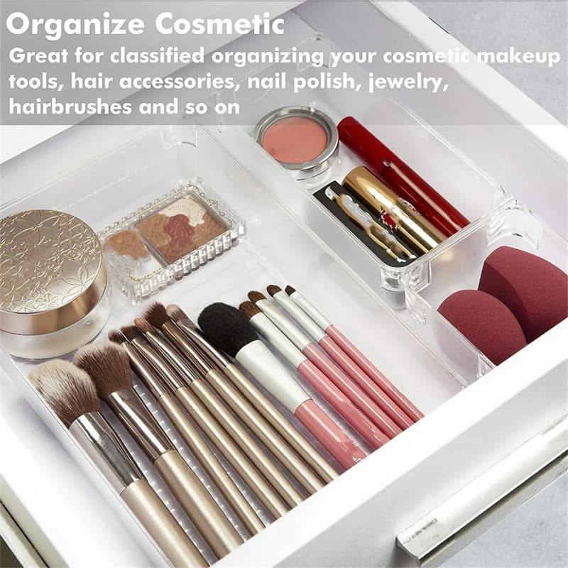 พลาสติกใสลิ้นชัก Organizers - 4 ขนาดอเนกประสงค์ห้องน้ําและ Vanity ลิ้นชัก Organizer ถาด - แต่งหน้าเครื่องประดับถังเก็บ รูปที่ 3