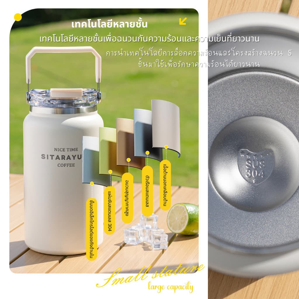 SITARAYURI แก้วเก็บความเย็น/ร้อน จุพิเศษ 1200ml/1500ml วัสดุสแตนเลส304 ปากกว้าง หูจับแข็งแรง ZF69 ZF70 รูปที่ 2