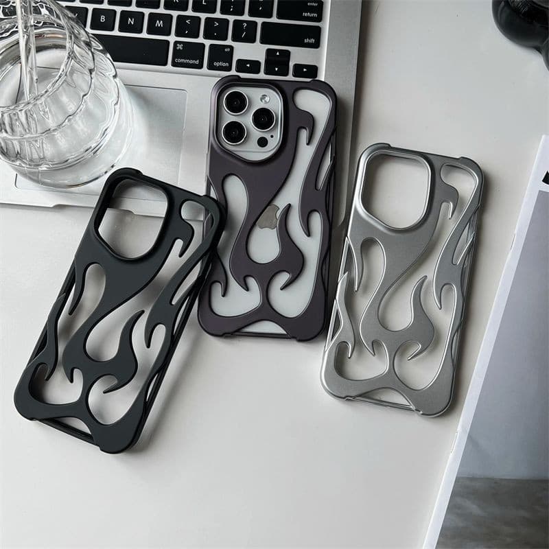 Frosted 3D รูปแบบเปลวไฟ Hollow Slim เคสโทรศัพท์สําหรับ iPhone 11 12 13 14 15 16 17 Pro Max 16e 14 15 16 Plus Hollow การกระจายความร้อนกันกระแทกฝาครอบป้องกัน รูปที่ 2
