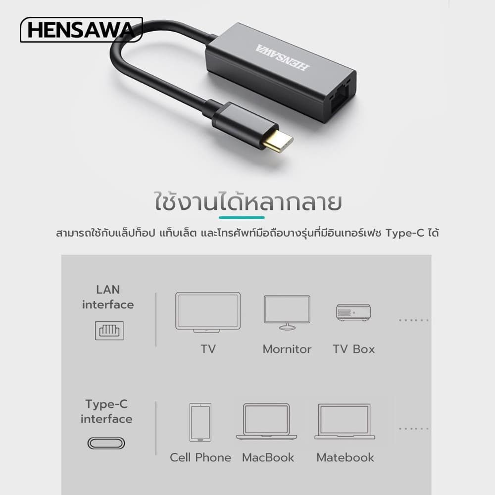 Hensawa อะแดปเตอร์อีเทอร์เน็ต Type-c to RJ45 USB 3.0 to RJ45 LAN 1000 /100 Mbps Gigabit Ethernet Adapter Network Adapter รูปที่ 5